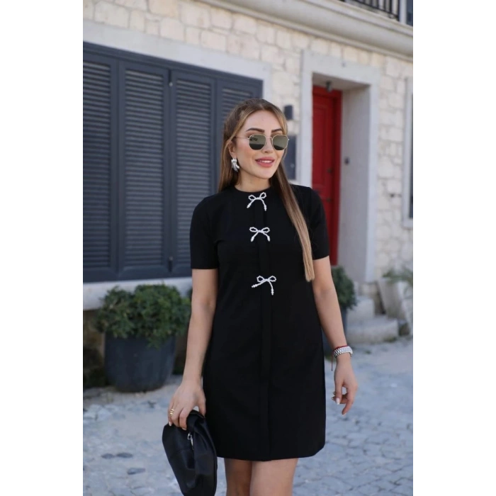 Kadın Kısa Kollu Bisiklet Yaka önden Fiyonk Detaylı Ithal Krep Elbise