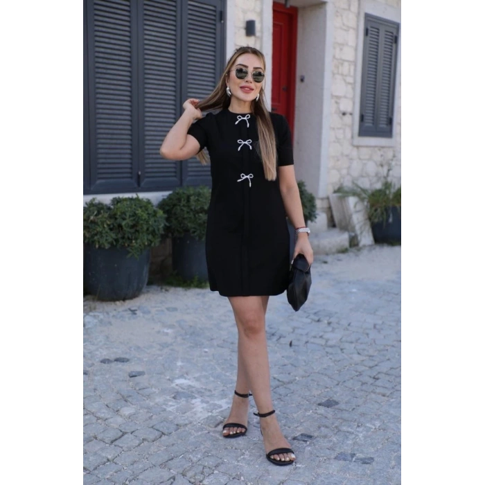 Kadın Kısa Kollu Bisiklet Yaka önden Fiyonk Detaylı Ithal Krep Elbise
