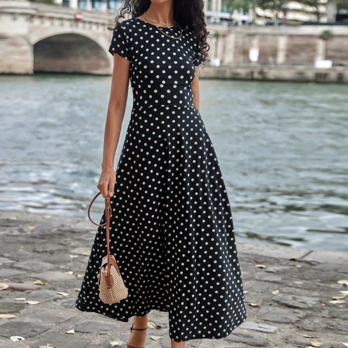 Kadın Kısa Kollu Bisiklet Yaka Puantiyeli Maksi örme Krep Elbise