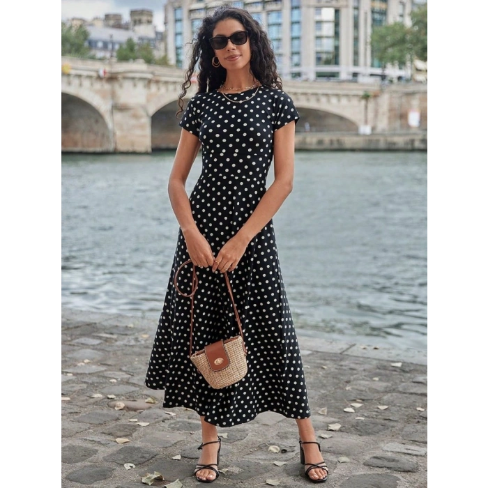Kadın Kısa Kollu Bisiklet Yaka Puantiyeli Maksi örme Krep Elbise