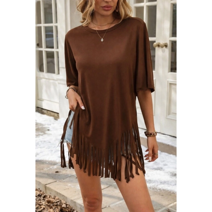 Kadın Kısa Kollu Bisiklet Yaka Püsküllü Viskon Bluz