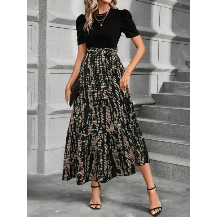 Kadın Kısa Kollu Bisiklet Yaka üst Ithal Krep Alt Süprem Maksi Boy Elbise