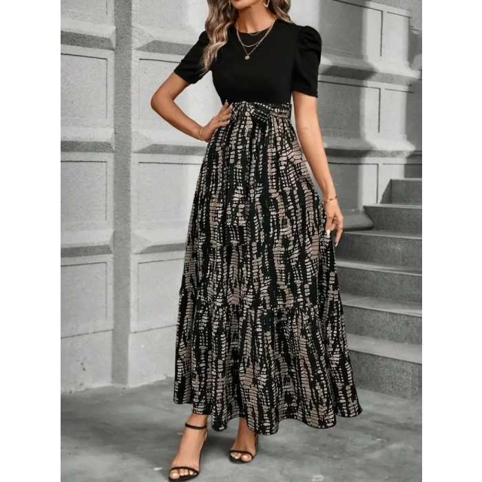 Kadın Kısa Kollu Bisiklet Yaka üst Ithal Krep Alt Süprem Maksi Boy Elbise