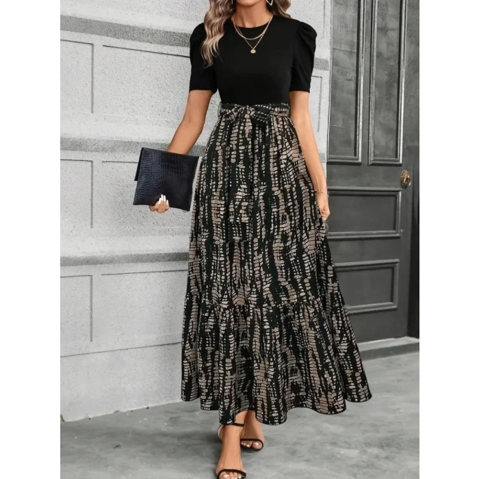 Kadın Kısa Kollu Bisiklet Yaka üst Ithal Krep Alt Süprem Maksi Boy Elbise