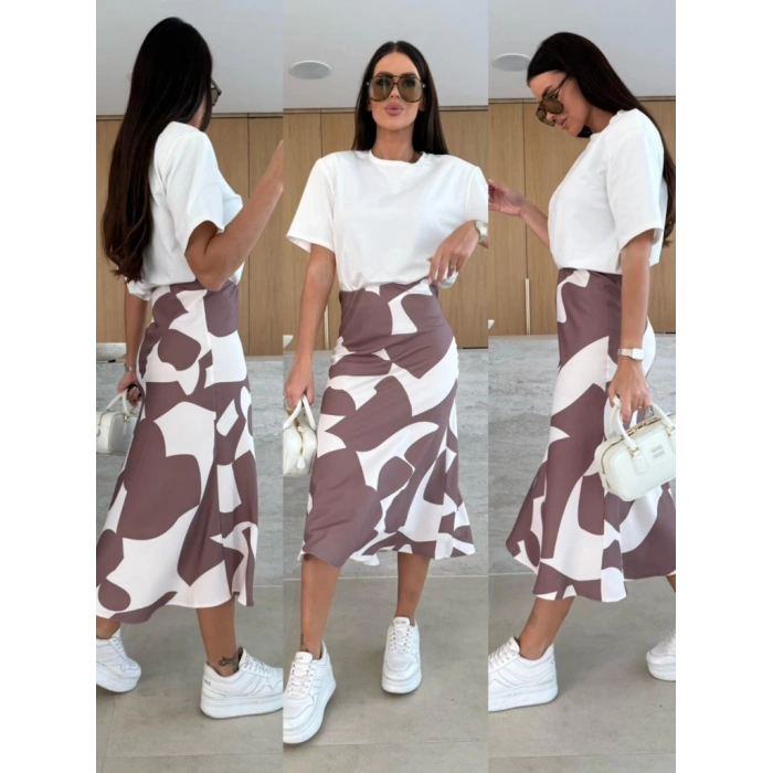 Kadın Kısa Kollu Bisiklet Yaka Viskon Bluz Ve Desenli Süprem Etek Ikili Takım