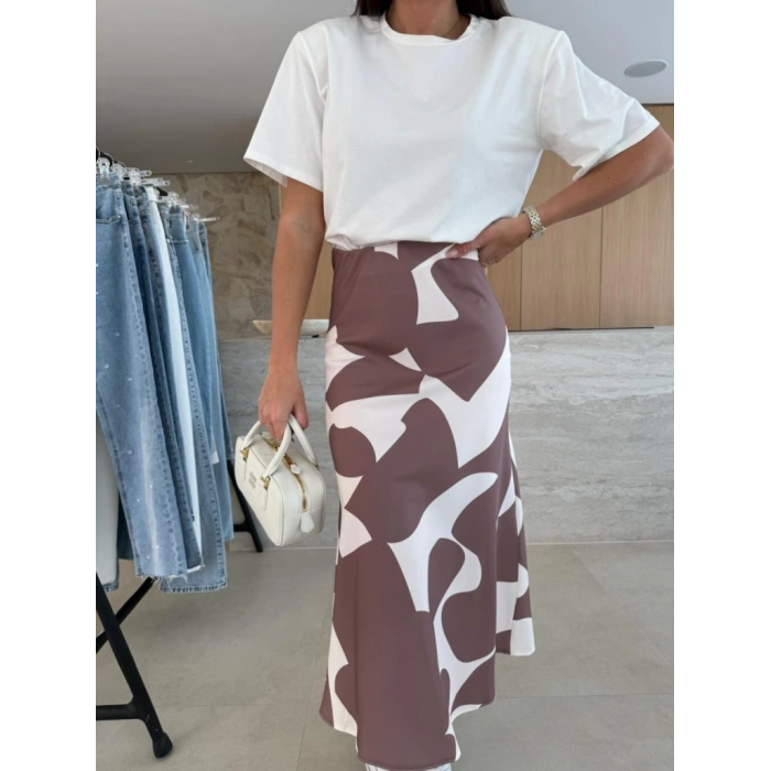 Kadın Kısa Kollu Bisiklet Yaka Viskon Bluz Ve Desenli Süprem Etek Ikili Takım