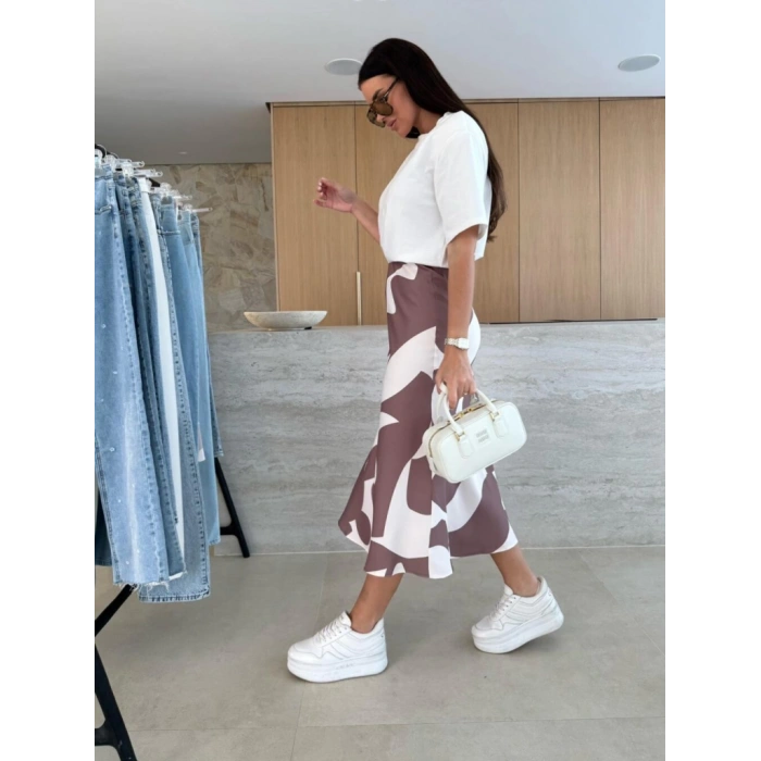 Kadın Kısa Kollu Bisiklet Yaka Viskon Bluz Ve Desenli Süprem Etek Ikili Takım