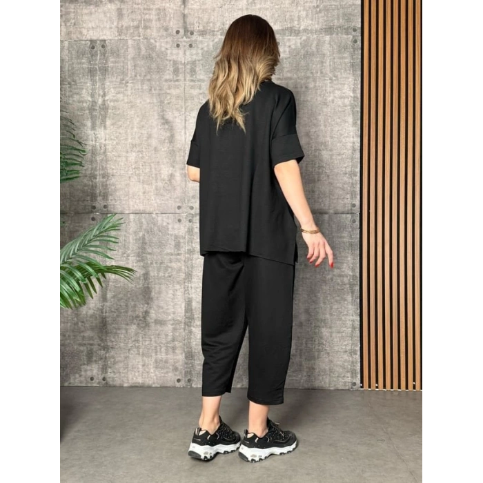 Kadın Kısa Kollu Bisiklet Yaka Viskon Iki Iplik Bluz Ve Pantolon Ikili Takım