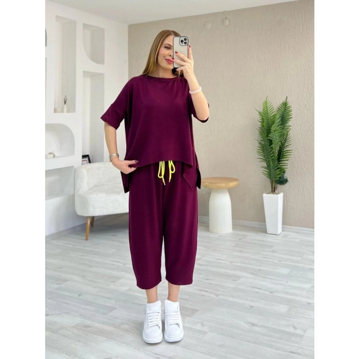 Kadın Kısa Kollu Bisiklet Yaka Viskon Iki Iplik Bluz Ve Pantolon Ikili Takım