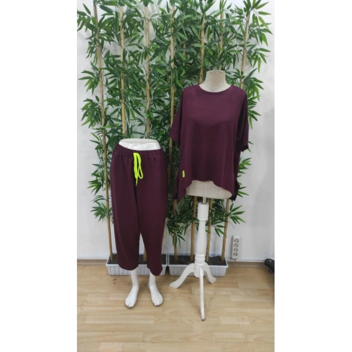 Kadın Kısa Kollu Bisiklet Yaka Viskon Iki Iplik Bluz Ve Pantolon Ikili Takım