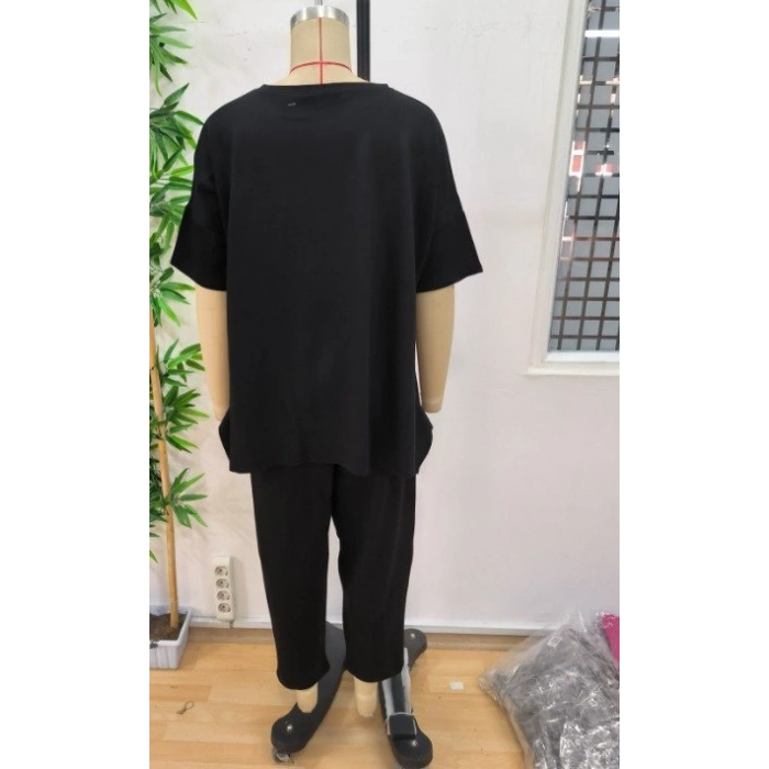 Kadın Kısa Kollu Bisiklet Yaka Viskon Iki Iplik Bluz Ve Pantolon Ikili Takım