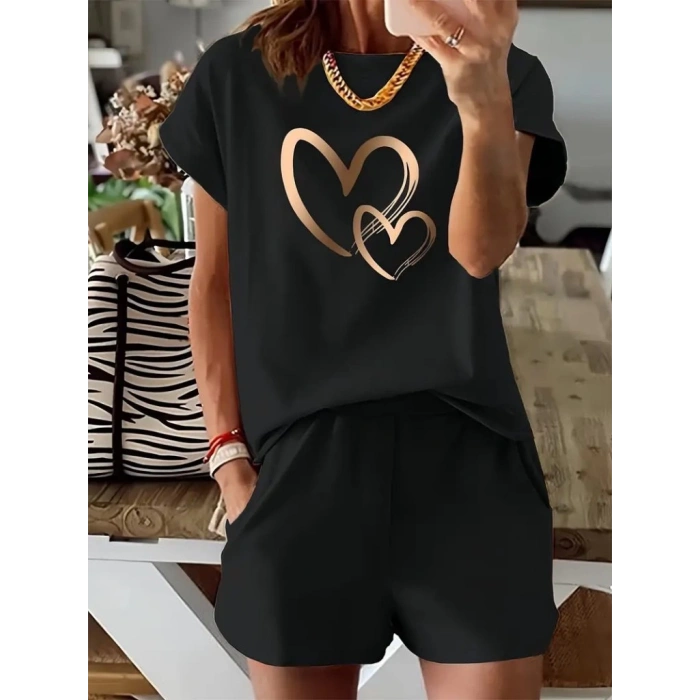 Kadın Kısa Kollu Bisiklet Yaka Viskon Iki Iplik Bluz Ve Short Ikili Takım