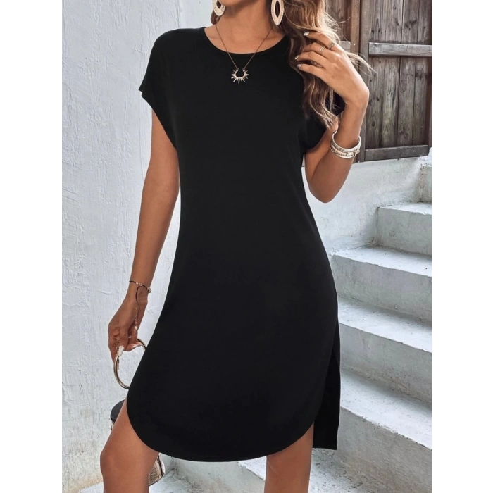 Kadın Kısa Kollu Bisiklet Yaka Viskon Iki Iplik Elbise