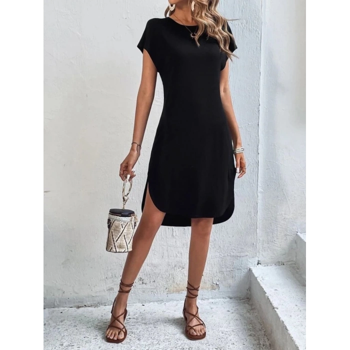 Kadın Kısa Kollu Bisiklet Yaka Viskon Iki Iplik Elbise