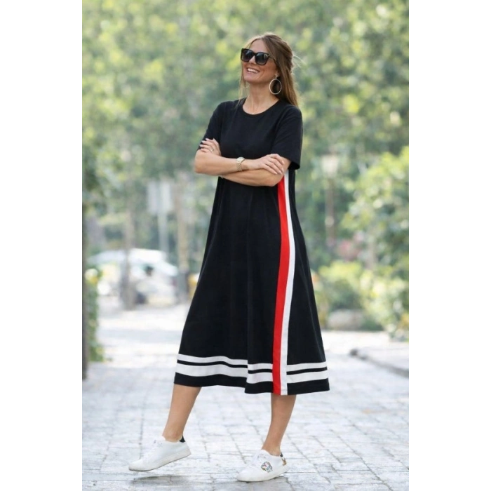 Kadın Kısa Kollu Bisiklet Yaka Yan şerit Detaylı Midi Viskon Elbise