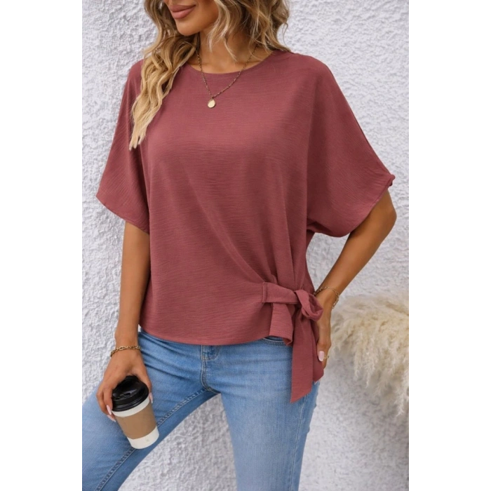 Kadın Kısa Kollu Bisiklet Yaka Yandan Bağcıklı Aerobin Bluz