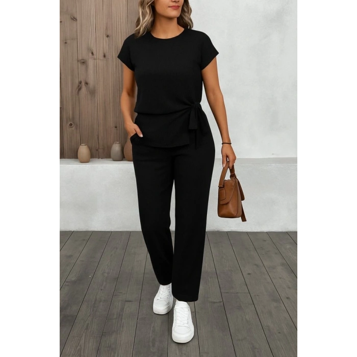 Kadın Kısa Kollu Bisiklet Yaka Yandan Bağlamalı Bürümcük Bluz Ve Pantolon Ikili Takım