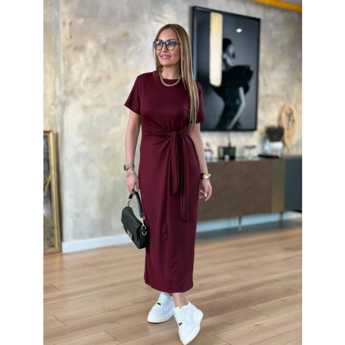 Kadın Kısa Kollu Bisiklet Yaka Yandan Bağlamalı Viskon Iki Iplik Elbise