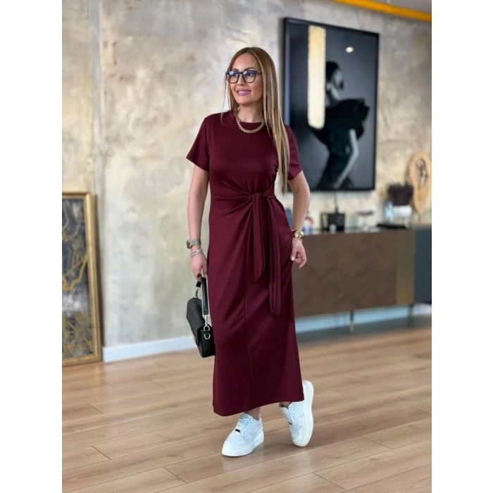 Kadın Kısa Kollu Bisiklet Yaka Yandan Bağlamalı Viskon Iki Iplik Elbise