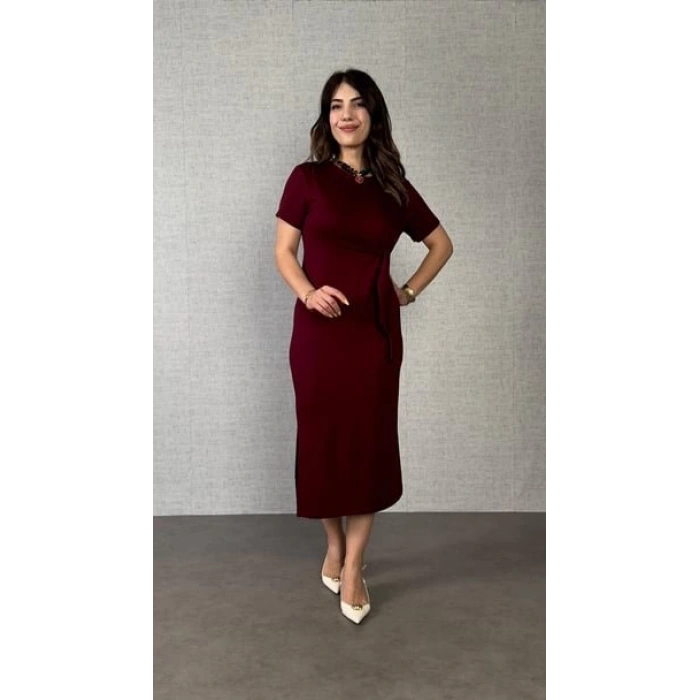 Kadın Kısa Kollu Bisiklet Yaka Yandan Bağlamalı Viskon Iki Iplik Elbise