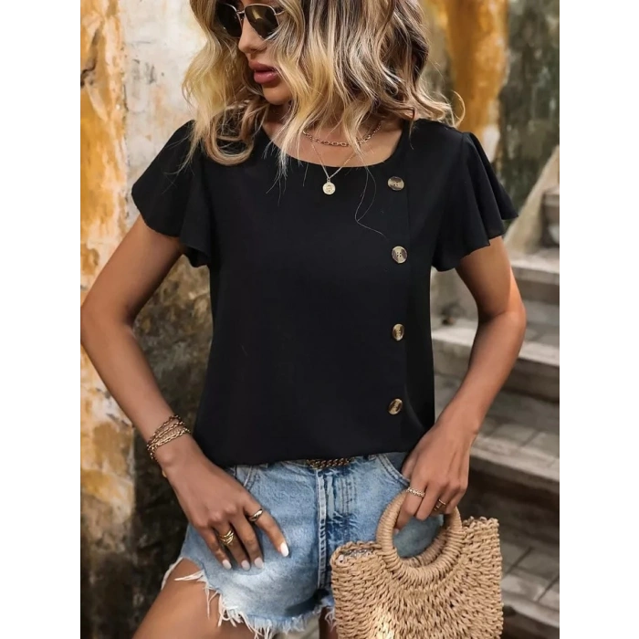 Kadın Kısa Kollu Bisiklet Yaka Yandan Düğmeli Viskon Bluz