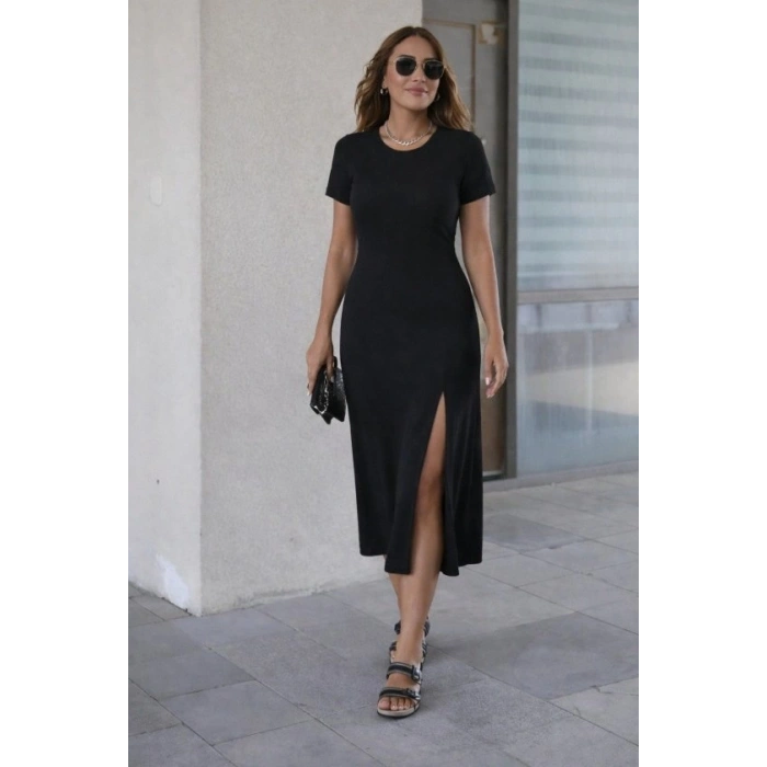 Kadın Kısa Kollu Bisiklet Yaka Yandan Yırtmaçlı Midi Viskon Elbise
