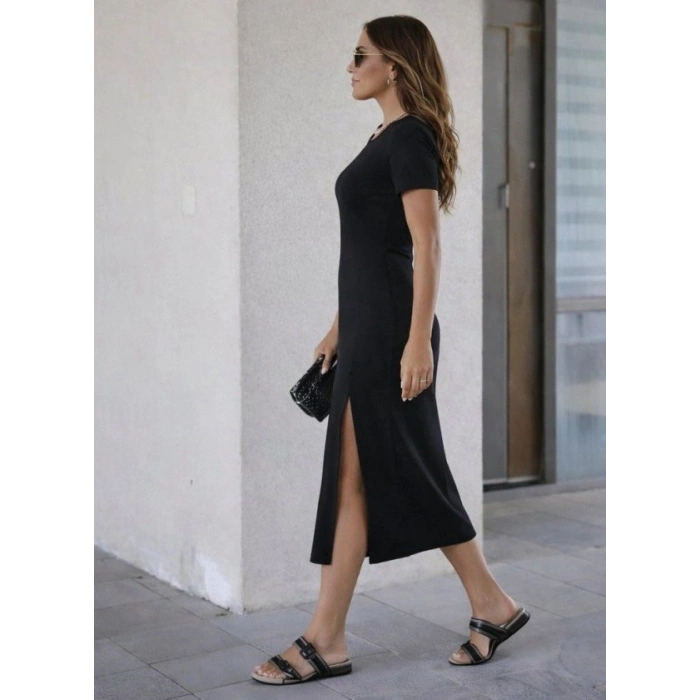 Kadın Kısa Kollu Bisiklet Yaka Yandan Yırtmaçlı Midi Viskon Elbise