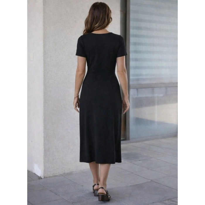 Kadın Kısa Kollu Bisiklet Yaka Yandan Yırtmaçlı Midi Viskon Elbise