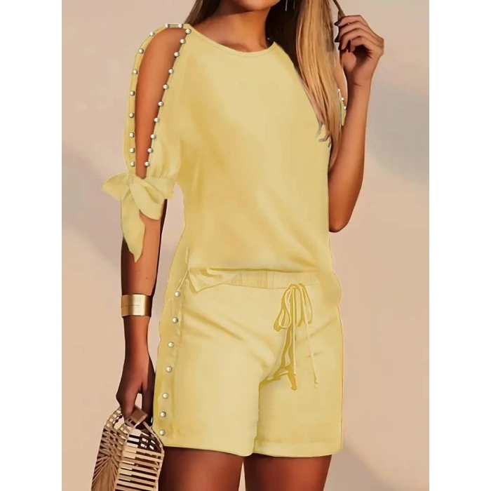 Kadın Kısa Kollu Bisiklet Yaka Yarı Açık Omuz Inci Detaylı Short T-shirt Viskon Ikili Takım