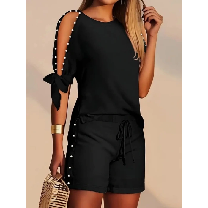 Kadın Kısa Kollu Bisiklet Yaka Yarı Açık Omuz Inci Detaylı Short T-shirt Viskon Ikili Takım