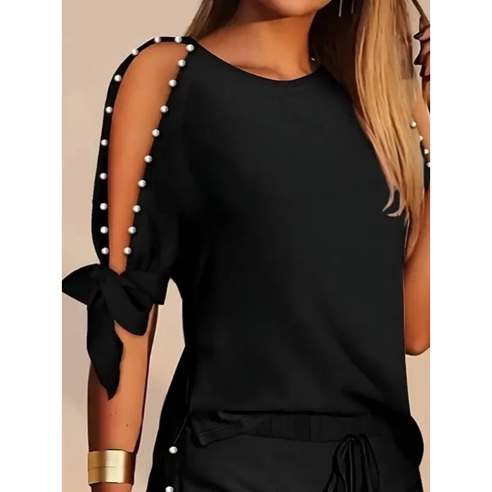 Kadın Kısa Kollu Bisiklet Yaka Yarı Açık Omuz Inci Detaylı Short T-shirt Viskon Ikili Takım