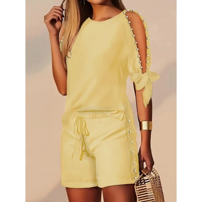 Kadın Kısa Kollu Bisiklet Yaka Yarı Açık Omuz Inci Detaylı Short T-shirt Viskon Ikili Takım