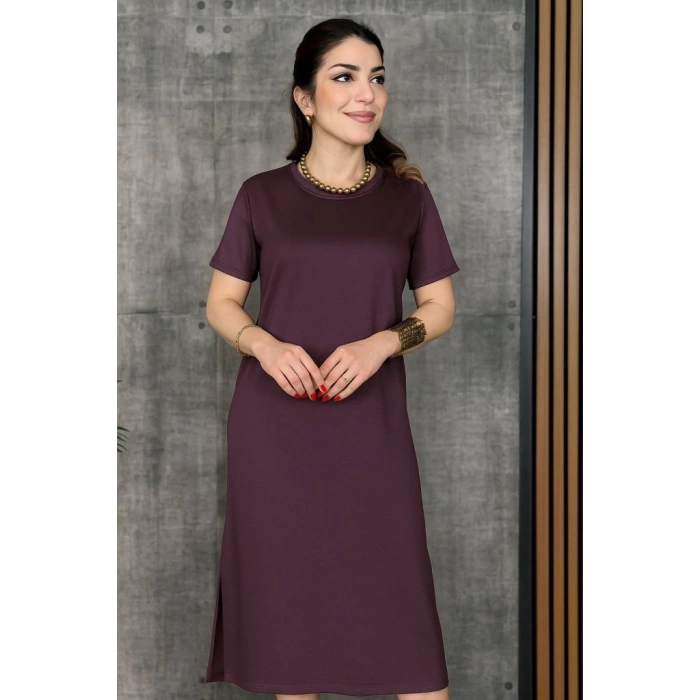 Kadın Kısa Kollu Bisiklet Yaka Yırtmaçlı Viskon Iki Iplik Elbise