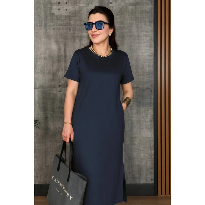 Kadın Kısa Kollu Bisiklet Yaka Yırtmaçlı Viskon Iki Iplik Elbise