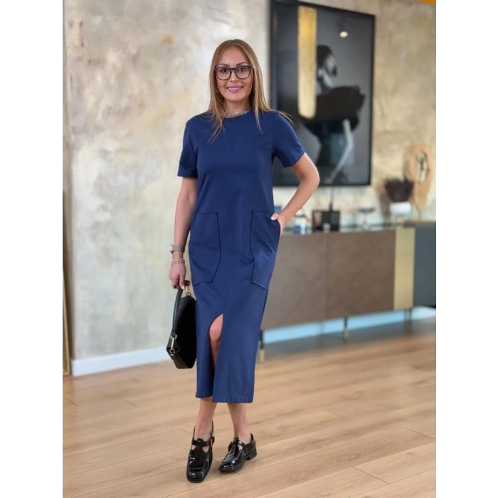 Kadın Kısa Kollu Bisiklet Yakalı Cepli önden Yırtmaçlı Viskon Iki Iplik Midi Elbise