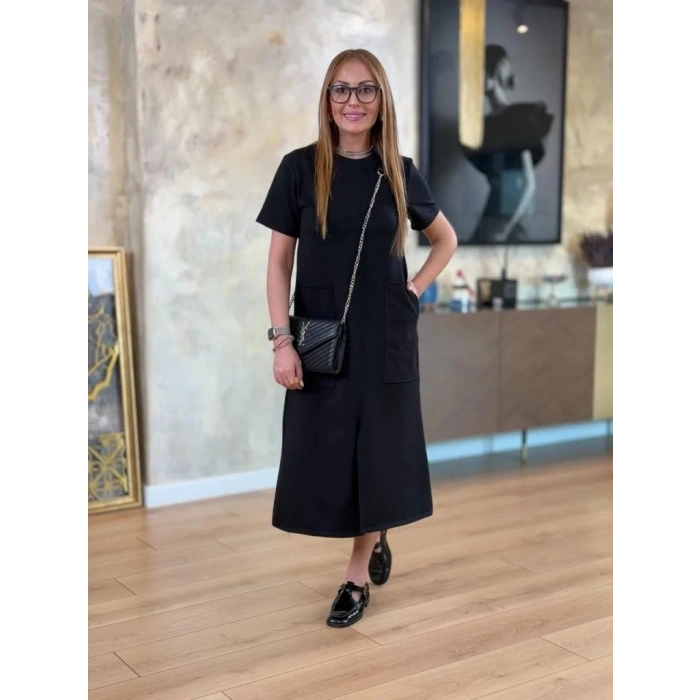 Kadın Kısa Kollu Bisiklet Yakalı Cepli önden Yırtmaçlı Viskon Iki Iplik Midi Elbise