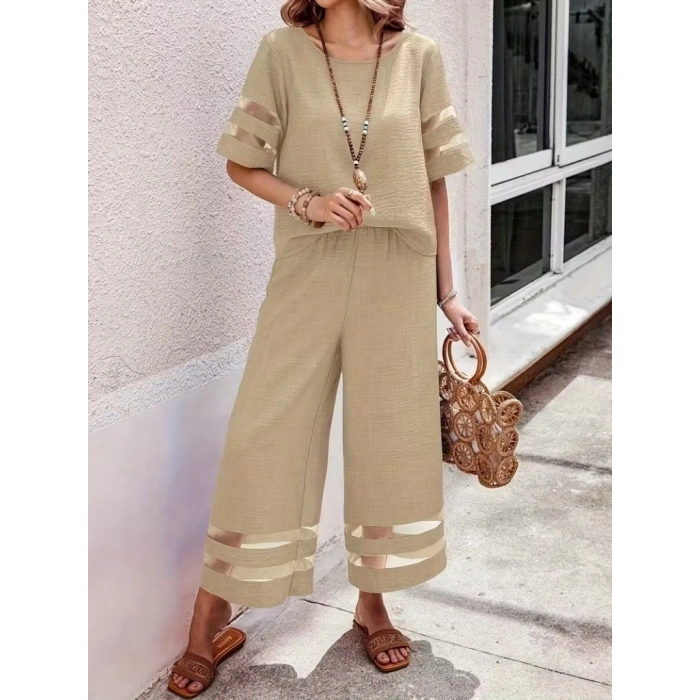 Kadın Kısa Kollu Bisiklet Yakalı Tül şerit Detaylı Bluz Ve Pantolon Ikili Takım