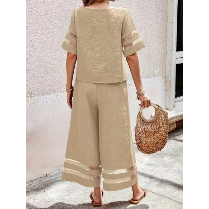 Kadın Kısa Kollu Bisiklet Yakalı Tül şerit Detaylı Bluz Ve Pantolon Ikili Takım