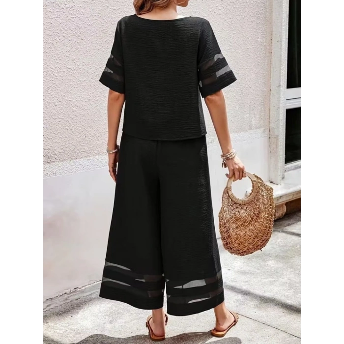 Kadın Kısa Kollu Bisiklet Yakalı Tül şerit Detaylı Bluz Ve Pantolon Ikili Takım