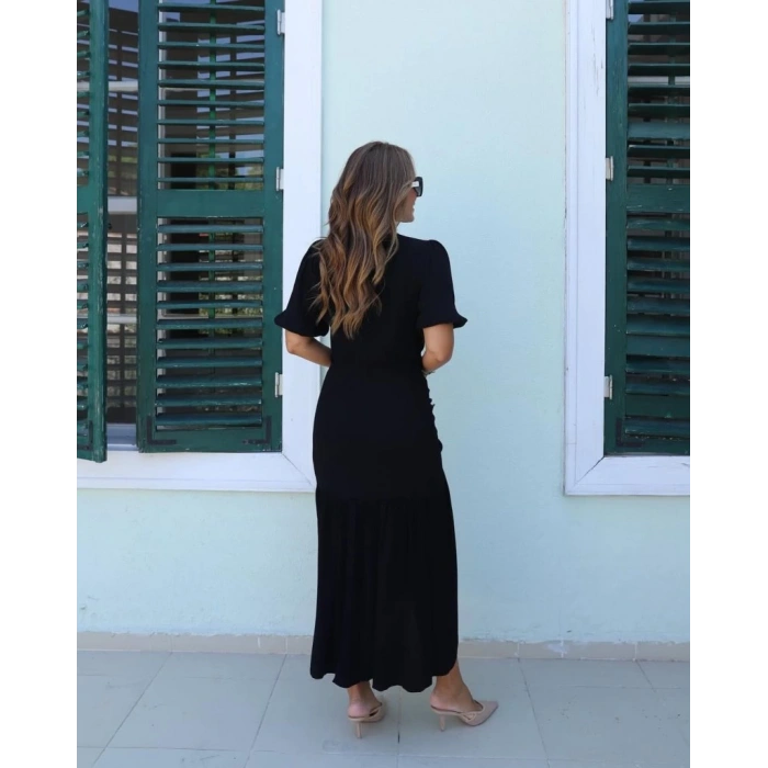 Kadın Kısa Kollu Bisiklet Yakalı Yandan Yırtmaçlı Büzgülü Janjan Krep Elbise