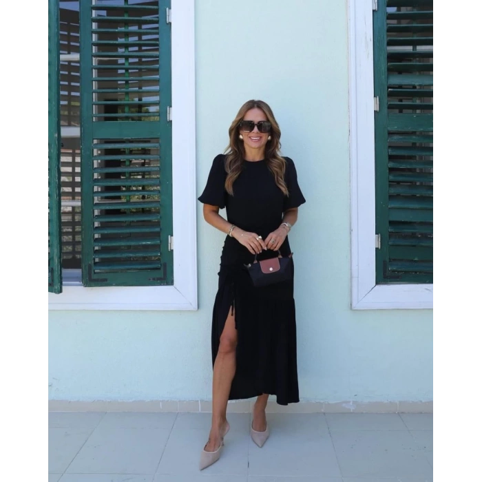 Kadın Kısa Kollu Bisiklet Yakalı Yandan Yırtmaçlı Büzgülü Janjan Krep Elbise