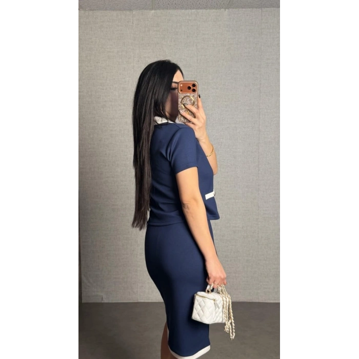 Kadın Kısa Kollu Cep Ve Düğme Detay Ceket Ve Diz üstü Etek Ikili Takım