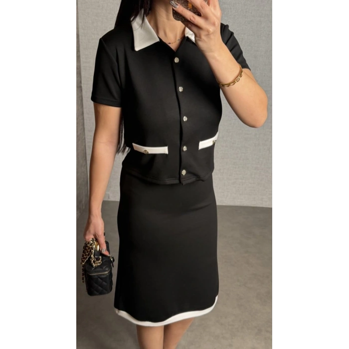 Kadın Kısa Kollu Cep Ve Düğme Detay Ceket Ve Diz üstü Etek Ikili Takım