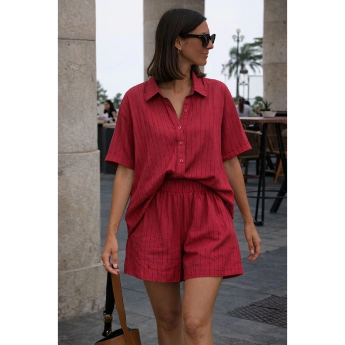 Kadın Kısa Kollu çizgili Modal Kumaş Gömlek Ve Yüksek Bel Lastik Detay şort Ikili Takım