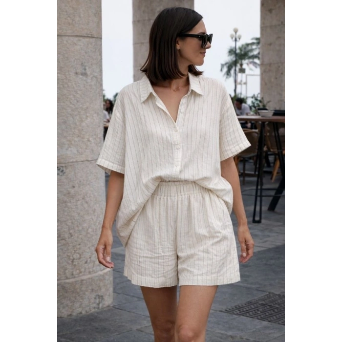 Kadın Kısa Kollu çizgili Modal Kumaş Gömlek Ve Yüksek Bel Lastik Detay şort Ikili Takım