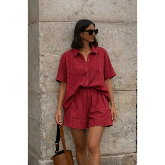 Kadın Kısa Kollu çizgili Modal Kumaş Gömlek Ve Yüksek Bel Lastik Detay şort Ikili Takım