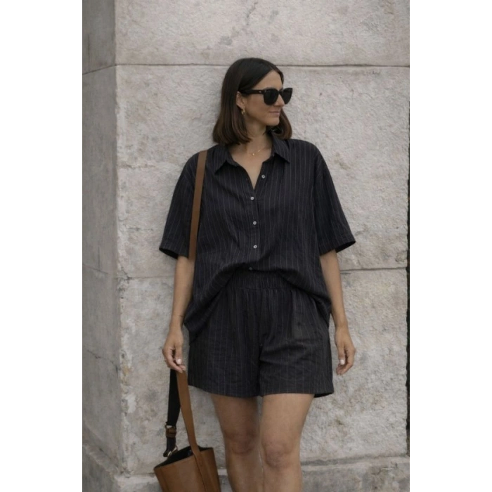 Kadın Kısa Kollu çizgili Modal Kumaş Gömlek Ve Yüksek Bel Lastik Detay şort Ikili Takım