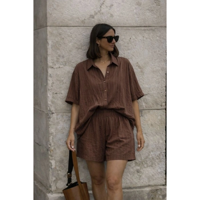 Kadın Kısa Kollu çizgili Modal Kumaş Gömlek Ve Yüksek Bel Lastik Detay şort Ikili Takım