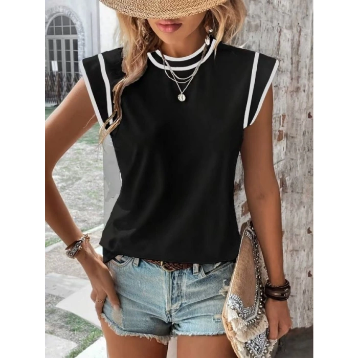 Kadın Kısa Kollu Daire Yakalı Viskon Bluz