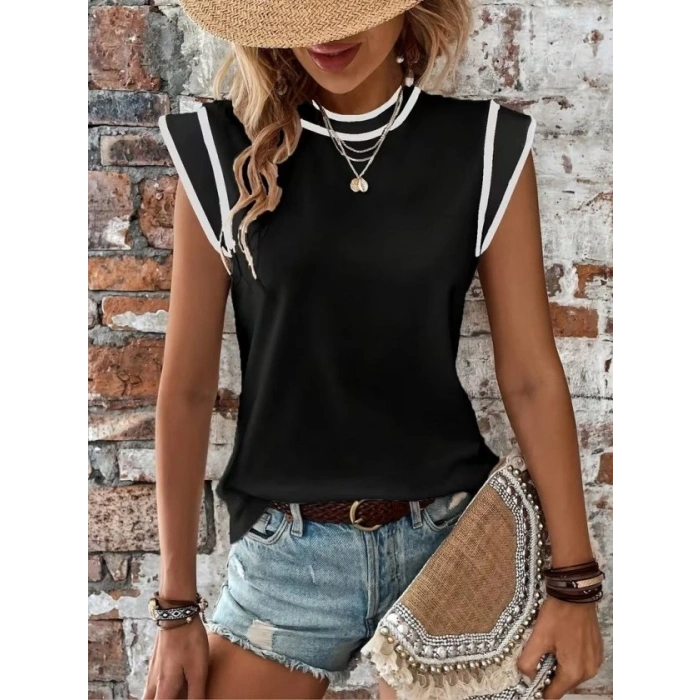 Kadın Kısa Kollu Daire Yakalı Viskon Bluz